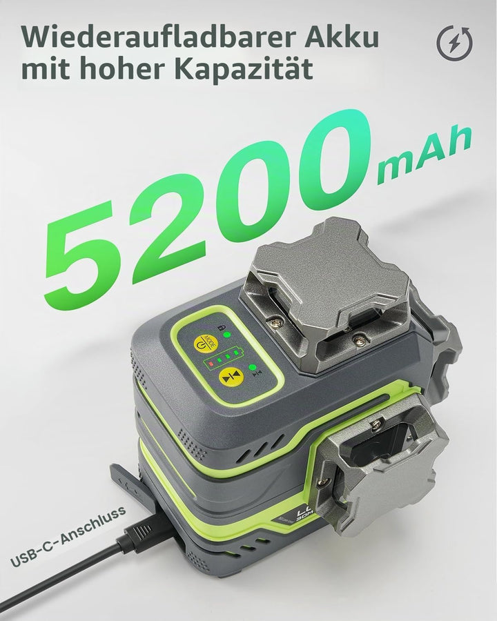 LasGoo LG-3DM Grüner Strahl-Laser-Nivelliergerät, selbstnivellierend, 3x360° Kreuzlinienlaser für Ba