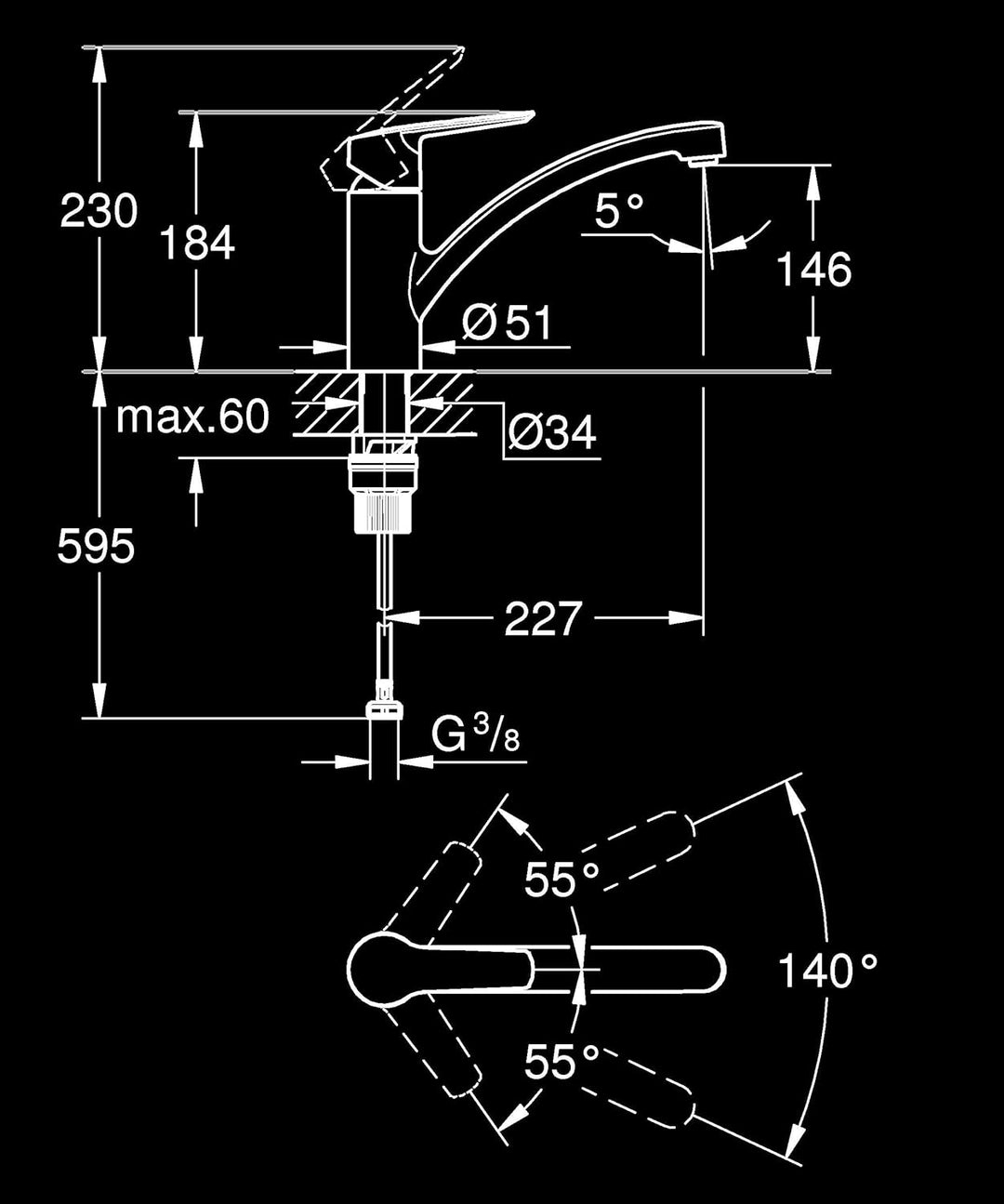 GROHE Start, Küchenarmatur mit flachem Auslauf (Wasserhahn für die Küche, 140° schwenkbar, wasserspa