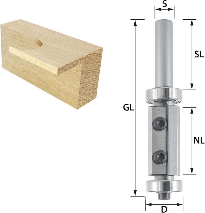 ENT 20406 Wendeplatten Bündigfräser HW, Schaft (S) 8 mm, Durchmesser (D) 16 mm, NL 30 mm, mit Kugell