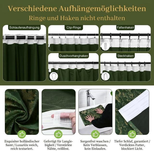 Rosnek Samtvorhang mit Kräuselband 2er Set, Golddruck, Wohnzimmer Schlafzimmer Verdunkelung Thermovo