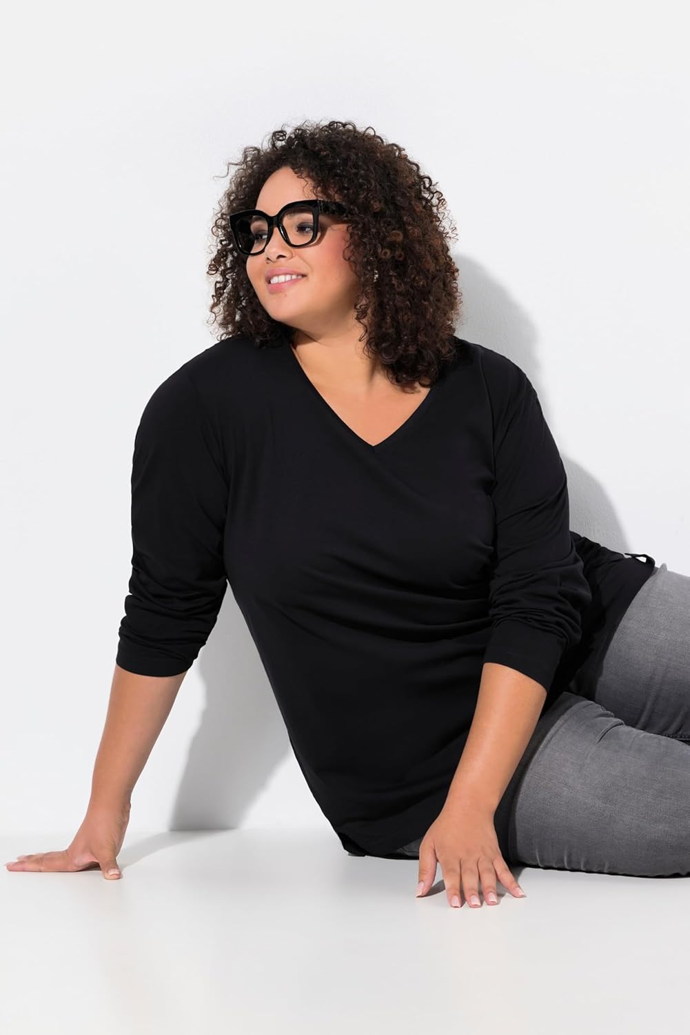 Ulla Popken Damen Basic-v-Shirt, Langarm Langarmshirt 42-44 Schwarz, 42-44 Schwarz