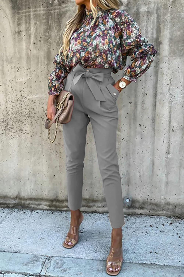 ONAYEYO Damen Casual High Waist Hose Einfarbig Elegant Lang Hosen Elastische Taille Carpi Hose mit B