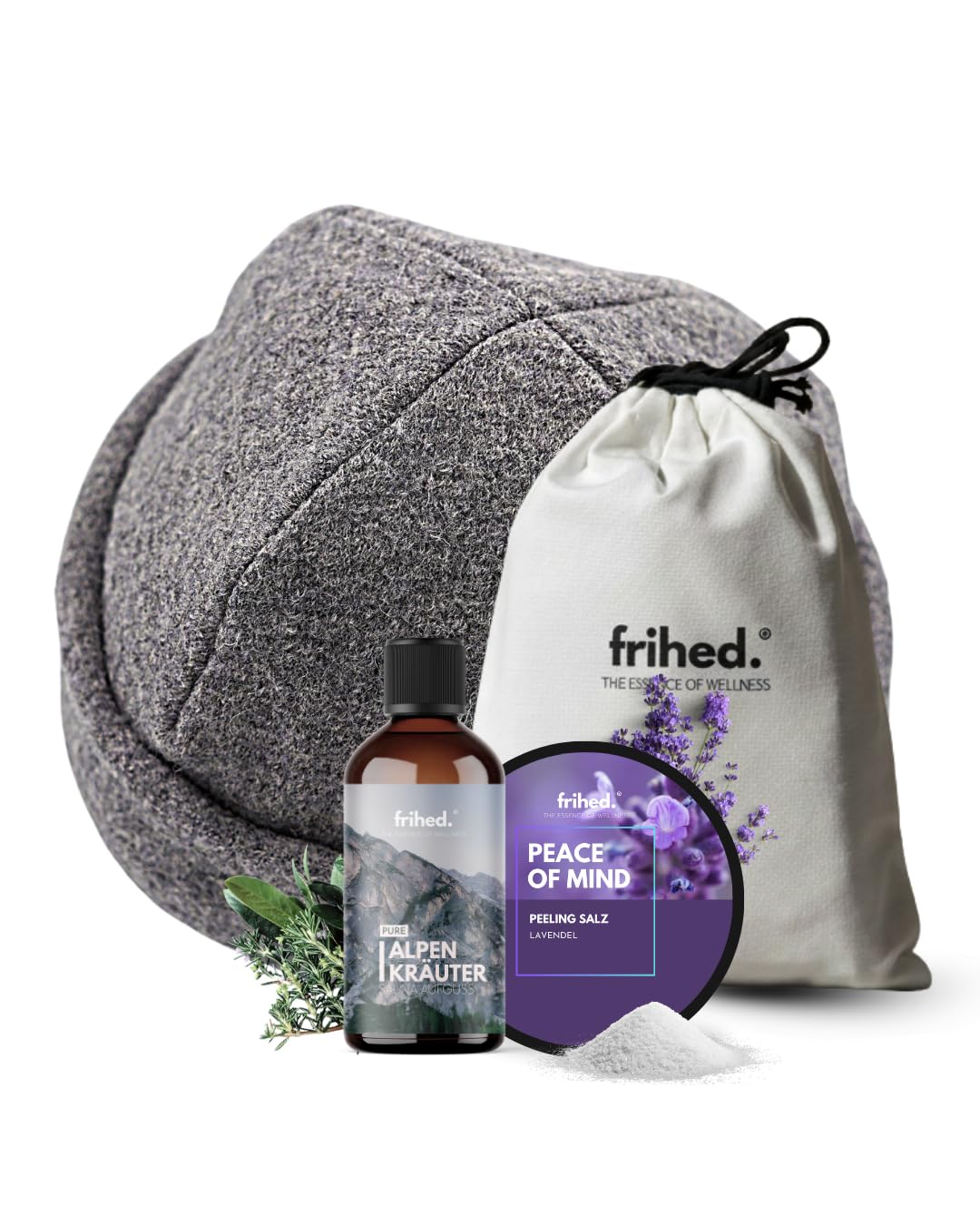 frihed. Sauna Geschenkset - mit Saunahut in senf & Saunaaufguss Orange in Geschenkverpackung - für M