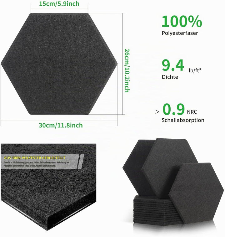 Rdutuok 12 Stück Akustik Panel,30x26x1cm Hexagon Akustik Absorber Schallschutzplatten Akustikpaneele