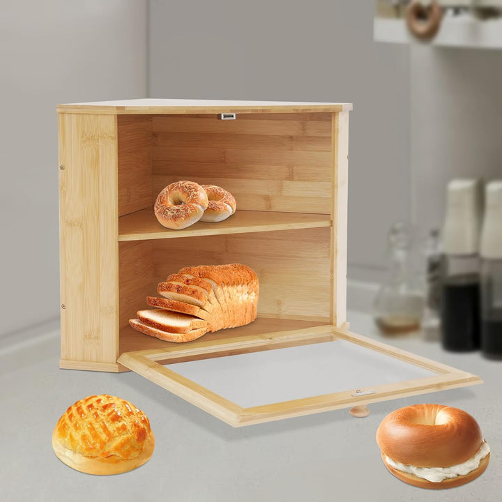 Doppelschichtige Brotkasten Dreieckiges Design für die Küchenarbeitsplatte, Bambus Brotbox mit magne