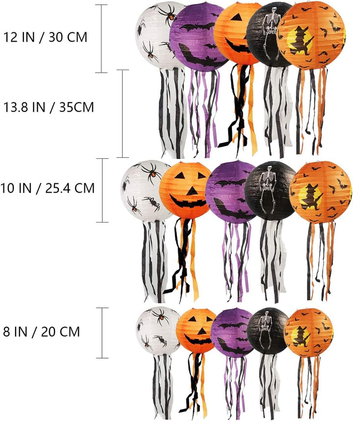 15 Stück Halloween Papier Laternen, 20cm, 25cm, 30cm Kürbis Spinnen Geister Papierlaterne Jack-O-Lat