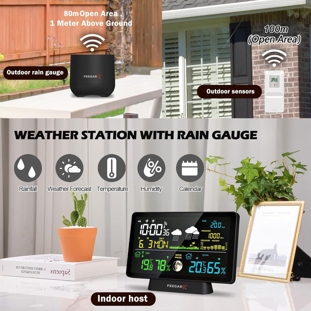Wireless Weather Station with Digital Rain Gauge, Feegar Forecaster LCD 7,5" Indoor Outdoor Temperat