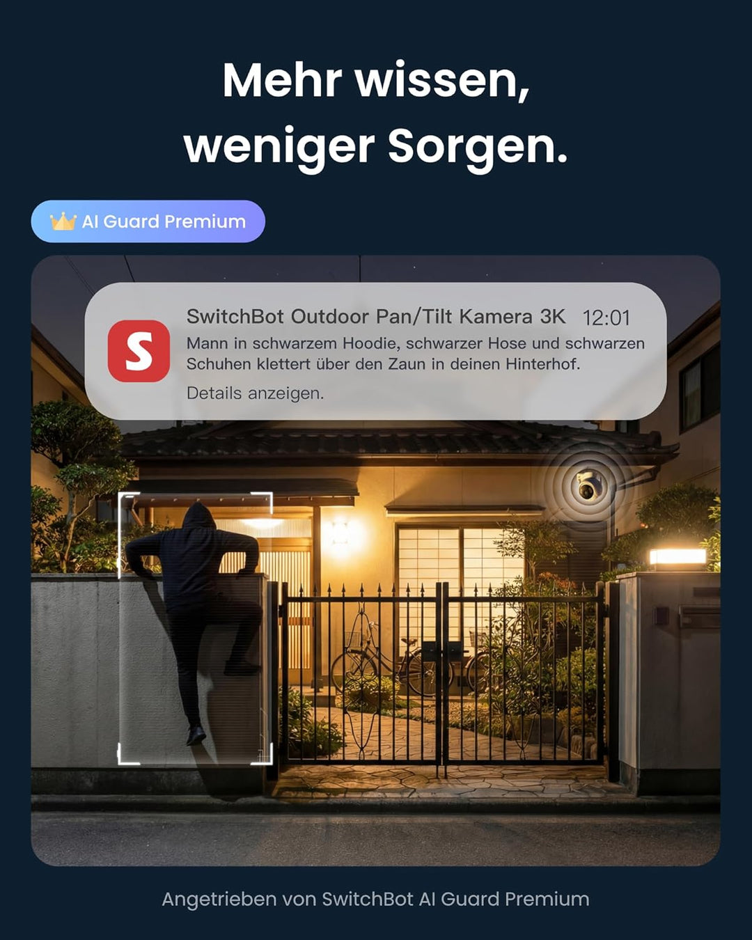 SwitchBot 3K Überwachungskamera Aussen, KI-Videosuche, Szenenbenachrichtigungen & Tagesbericht, PTZ