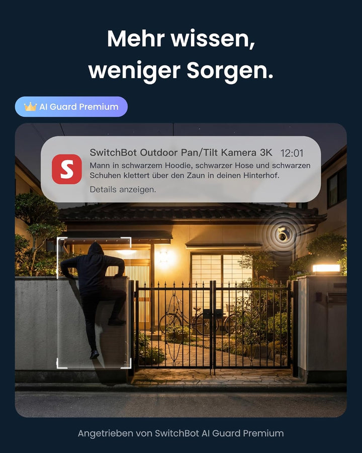 SwitchBot 3K Überwachungskamera Aussen, KI-Videosuche, Szenenbenachrichtigungen & Tagesbericht, PTZ