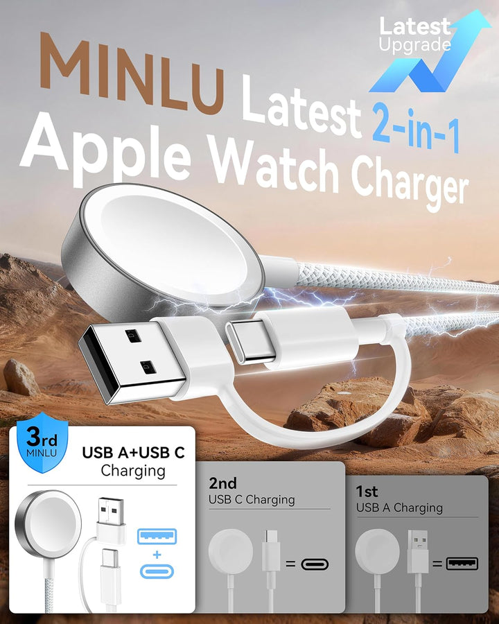 Minlu 2 in 1 Apple Watch Ladekabel, USB A/C Ladekabel für Apple Watch White-2 USB Typ C,iwatch ladek