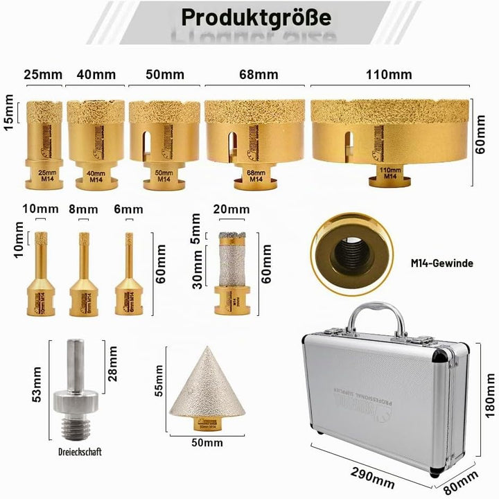 SHDIATOOL Diamantbohrer M14 Gewinde 6/8/10/25/40/50/68/110/50mm Diamant-Fasenbohrer/20mm Fingerbohre