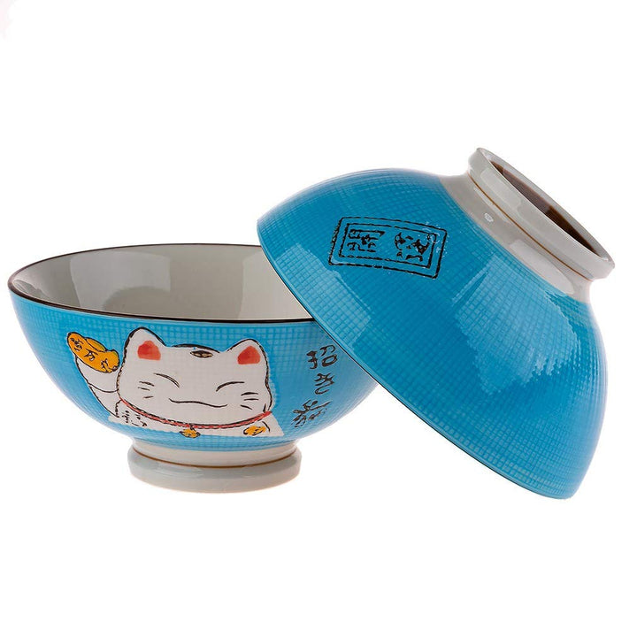 lachineuse 2 Porzellan Suppen- oder Ramenschalen - Katzenmuster Maneki Neko, Blau Blau / Weiss, Blau