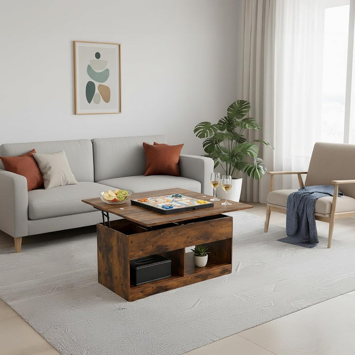 Couchtisch,höhenverstellbarer Wohnzimmertisch,Hebeplatte Kaffeetisch,2 Offenes Fach und Versteckter