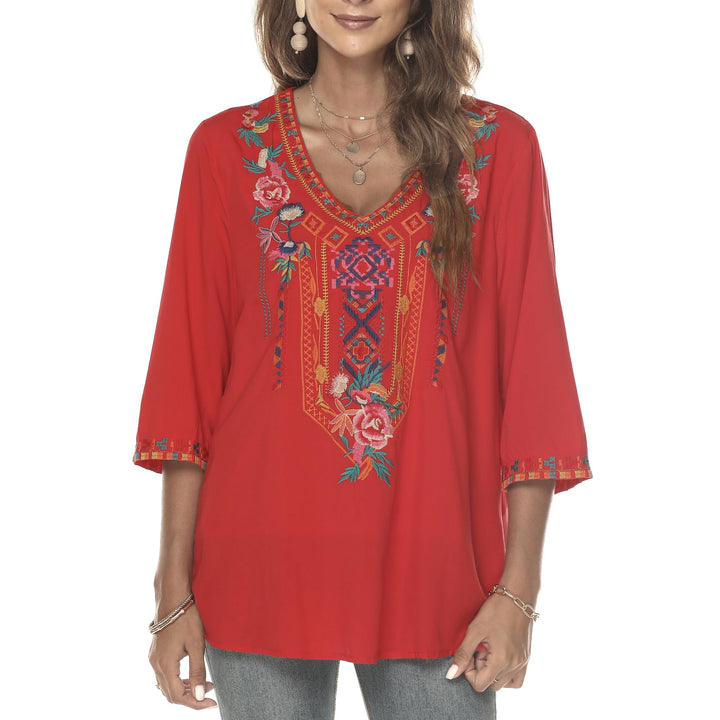 Vakakado Hippie Kleidung Damen Bohemian Folklore Stickerei Bluse 3/4 äRmel V Ausschnitt Tunika Somme