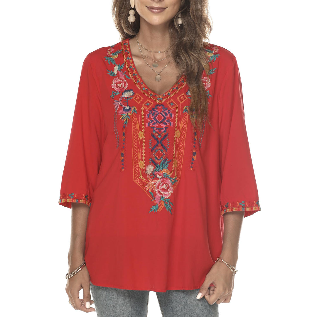 Hippie Kleidung Damen Bohemian Folklore Stickerei Bluse 3/4 äRmel V Ausschnitt Tunika Sommer LäSsige
