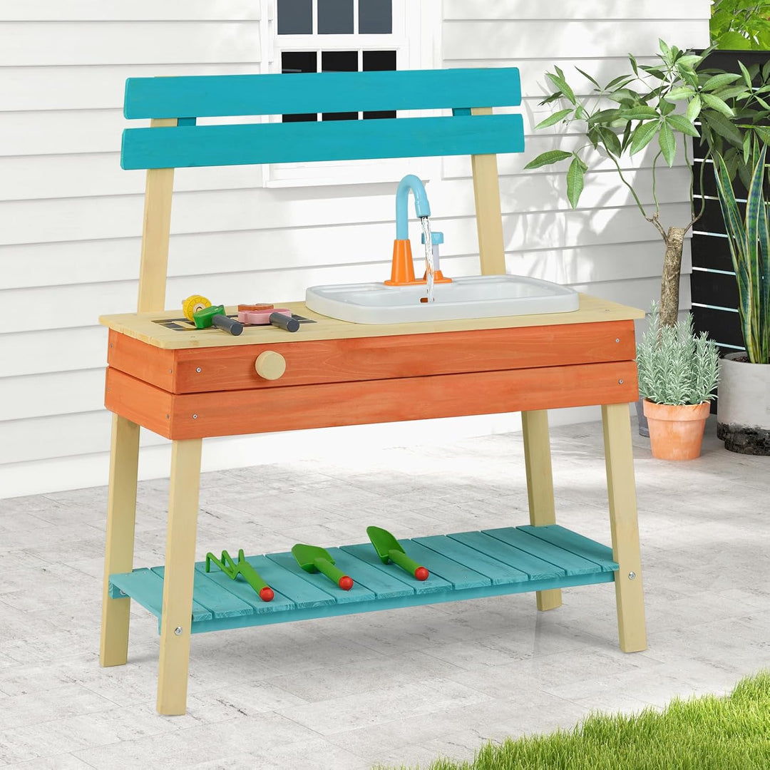 COSTWAY Matschküche Kinder Outdoor, Kinderküche Holz mit Wasserhahn & Grill, inkl. Holzspiessen, Leb