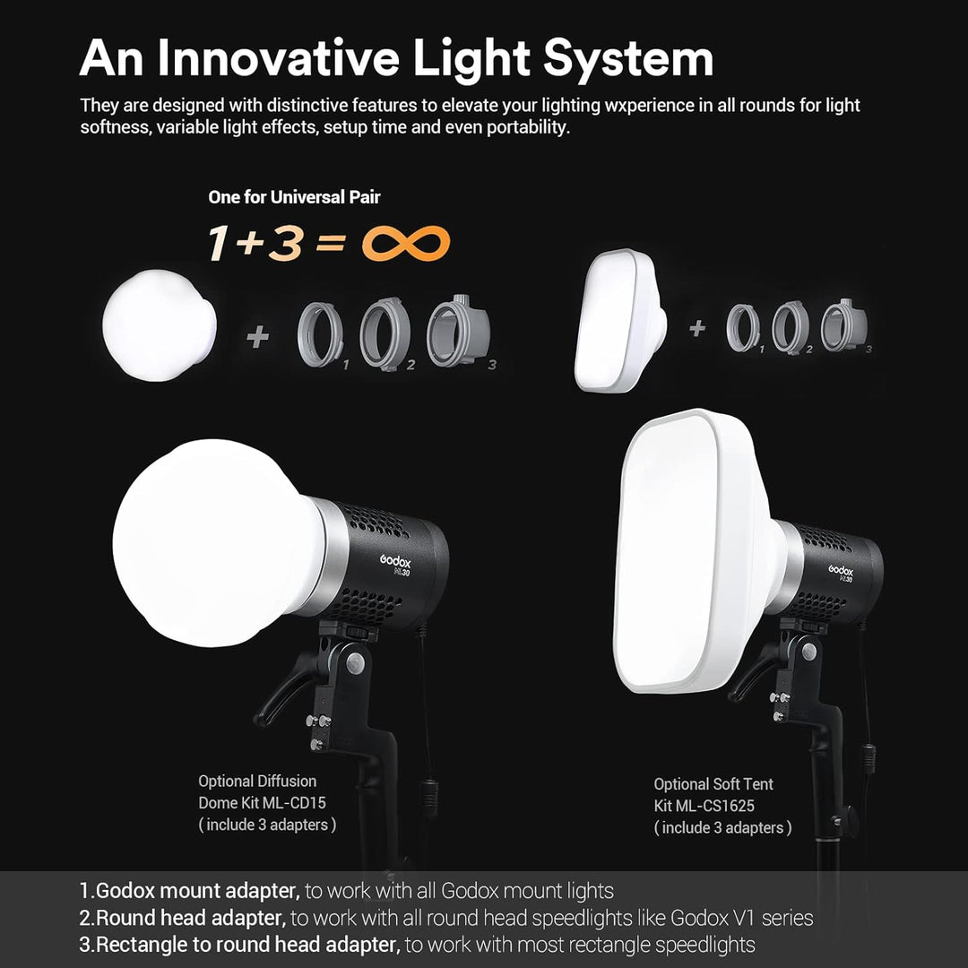 Godox 2*ML30 Kit Tragbare LED Videoleuchte, CRI 96+ TLCI 97+, 45700LUX@0,5m mit Reflektor, 12 Lichte