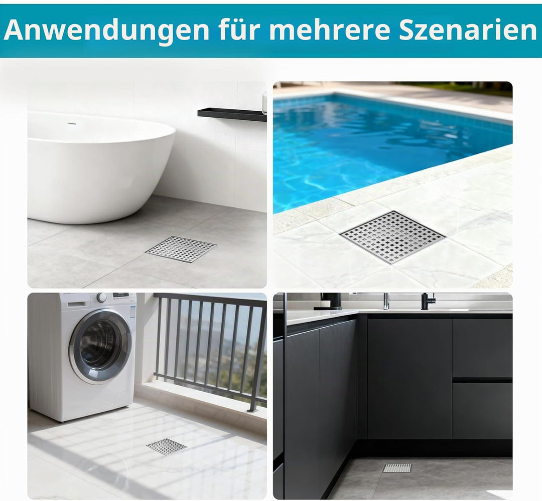 150 x 150 mm Bodenablauf Dusche Edelstahl Duschrinne mit 360° Siphon, Geruchsverschluss, Haarsieb un