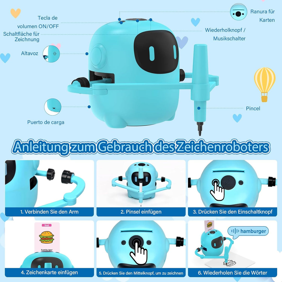 Zeichenroboter für Kinder ab 3 – AI Drawing Robot mit 100 Karten & Stift, Lernspielzeug Roboter Spie