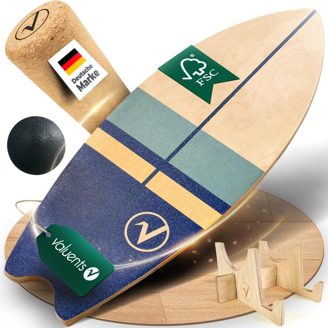 Balance Board aus Holz in Surfboard Form inkl. Rolle für Neuromuscular Response Training +Plus: Halt