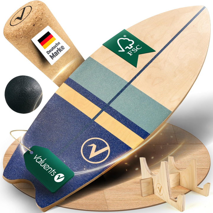 Balance Board aus Holz in Surfboard Form inkl. Rolle für Neuromuscular Response Training +Plus: Halt