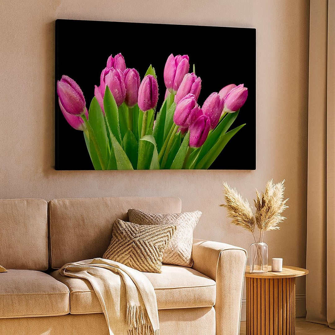 Bilder auf Leinwand 100x70cm Leinwandbild Tulpen Blumenstrauss Tau Tropfen Gross Wanddeko Bild Schla