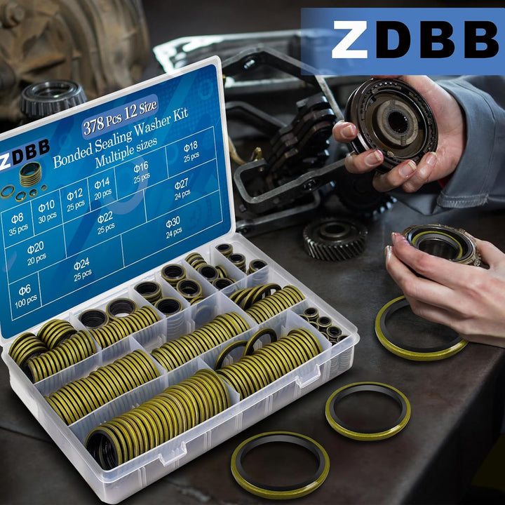 ZDBB 12 Grössen 378 Stück geklebte Dichtungsscheibe Kit, Automotive selbstzentriert AC Dichtung Meta