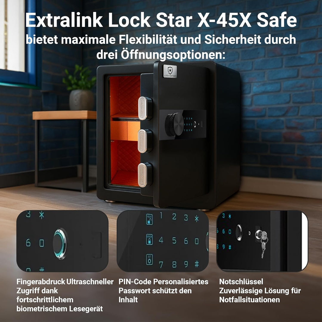 EXTRALINK Elektronischer Tresor Für Zuhause – Safe Mit Touchscreen, Code & Biometrischem Fingerabdru