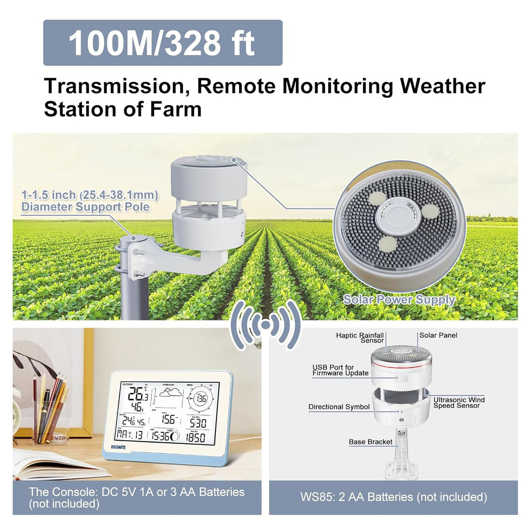 ECOWITT Funk-Wetterstation WS3802 mit 7,5 Zoll LCD-Display, Garten-Wetter-Sensor WS85 (Solarpanel/Re