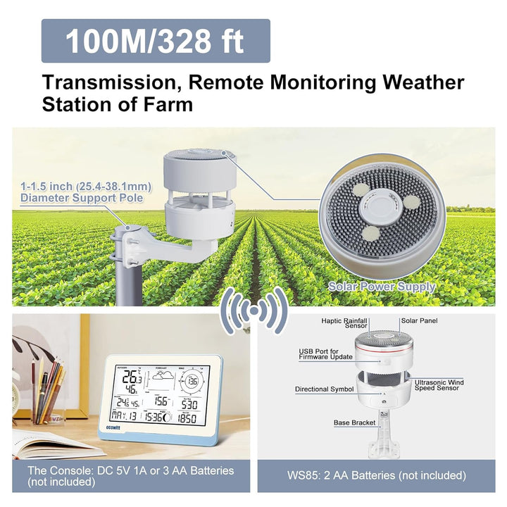 ECOWITT Funk-Wetterstation WS3802 mit 7,5 Zoll LCD-Display, Garten-Wetter-Sensor WS85 (Solarpanel/Re