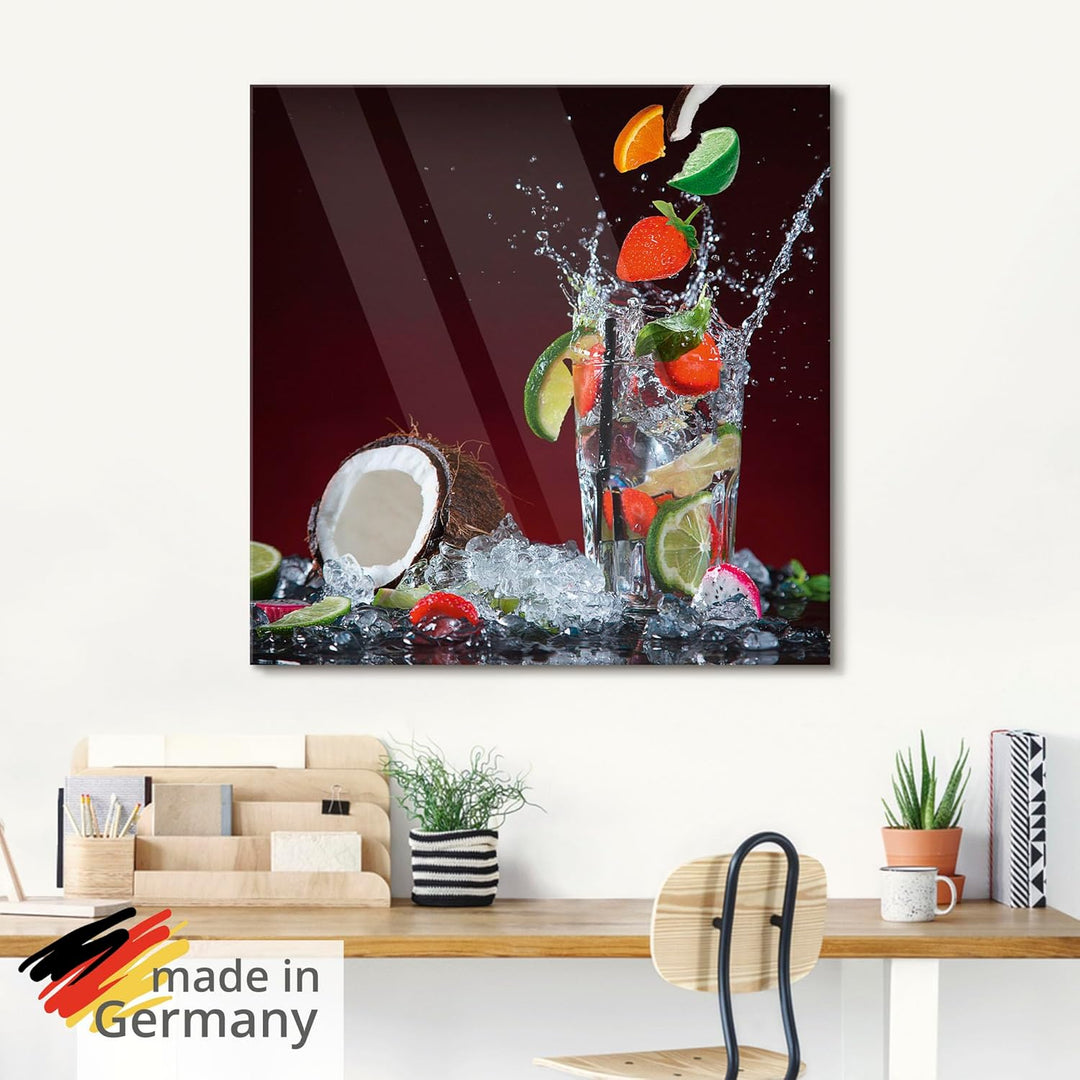 ARTland Glasbilder Wandbild Glas Bild einteilig 50x50 cm Quadratisch Früchte im Wasser Cocktails Fru