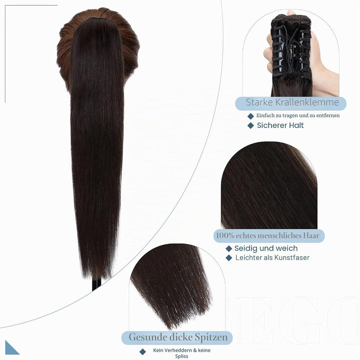 SEGO Ponytail Haarteil Echthaar Zopf Extension mit Klammer Clip in Pferdeschwanz Haarverlängerung 10