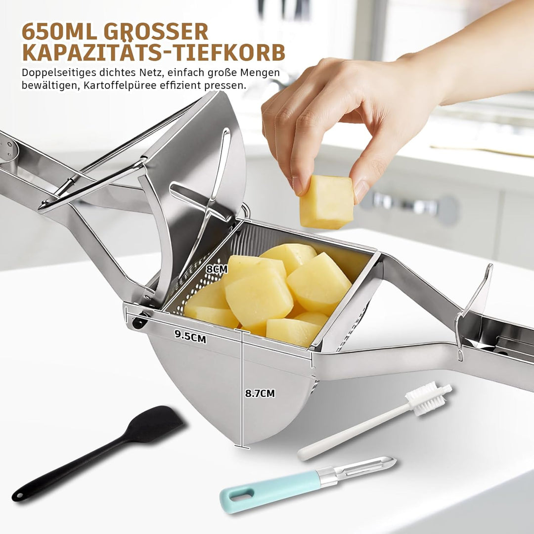 Kartoffelpresse Edelstahl mit Silikongriff, Schäler, Reinigungsbürste und Schaber, Robust - Spätzlep