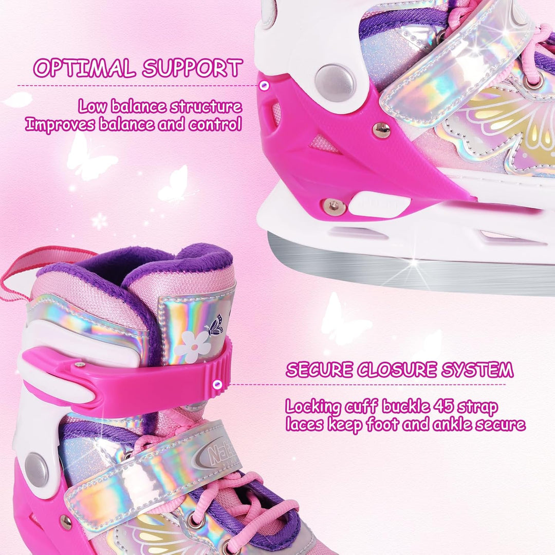 Nattork Mädchen-Eislaufschuhe für Kinder, 4-Fach verstellbar, Butterfly-Eislaufschuhe mit Fleecefutt