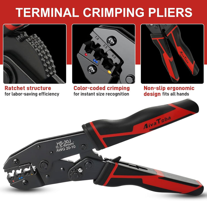 Crimpzange Set, Kabelschuhzange mit Ratschenfunktion für isolierte Verbinder 0,5-6mm², Crimpwerkzeug