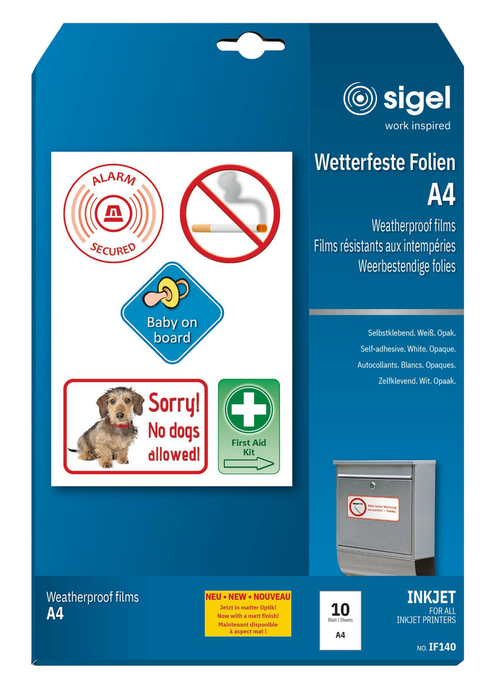 SIGEL IF140 InkJet-Folien A4, 10 Blatt, wetterfest, opak, selbstklebend, für Innenanwendungen und ku