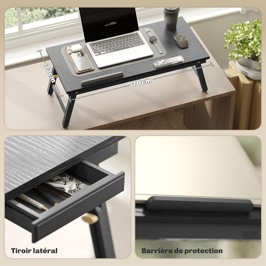 HOMCOM Klappbarer und verstellbarer Betttisch, Laptop-Tisch mit neigbarer Tischplatte, Schublade, Ba