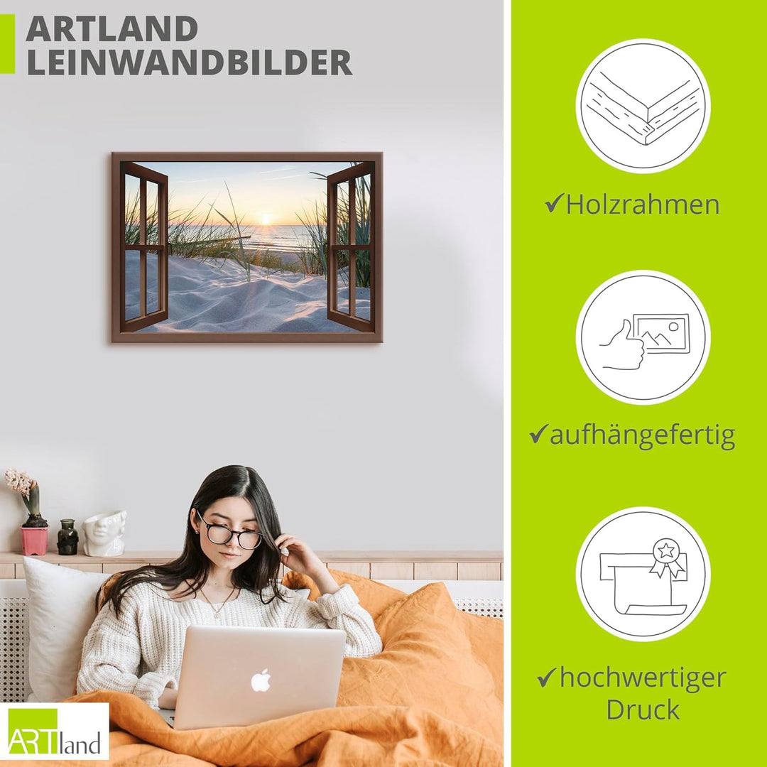 ARTland Leinwandbilder Wandbild Bild Leinwand 100x70 cm Fensterblick Strand Meer Sand Ostsee Dünen S