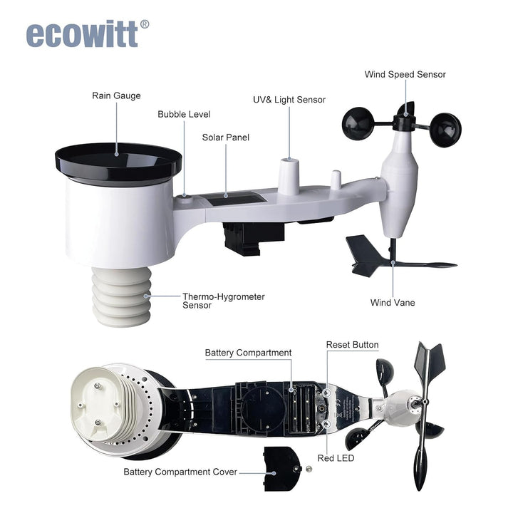 ECOWITT Aussensensor WS69 für Wetterstation, eingebauter 7 in 1 Aussensensor, Regenmesser, Windricht