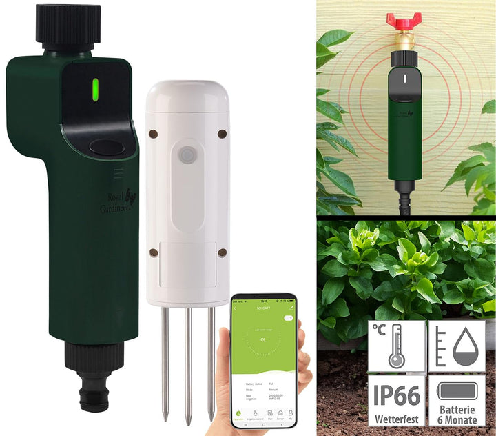 Luminea Home Control Ventil: ZigBee-Bewässerungscomputer + Boden-Feuchtigkeits- & Temperatursensor (