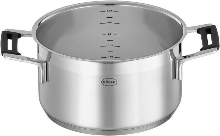 RÖSLE SILENCE PRO Kochtopf, Hochwertiger Universaltopf aus Edelstahl 18/10, 24 cm, Glasdeckel, Innen
