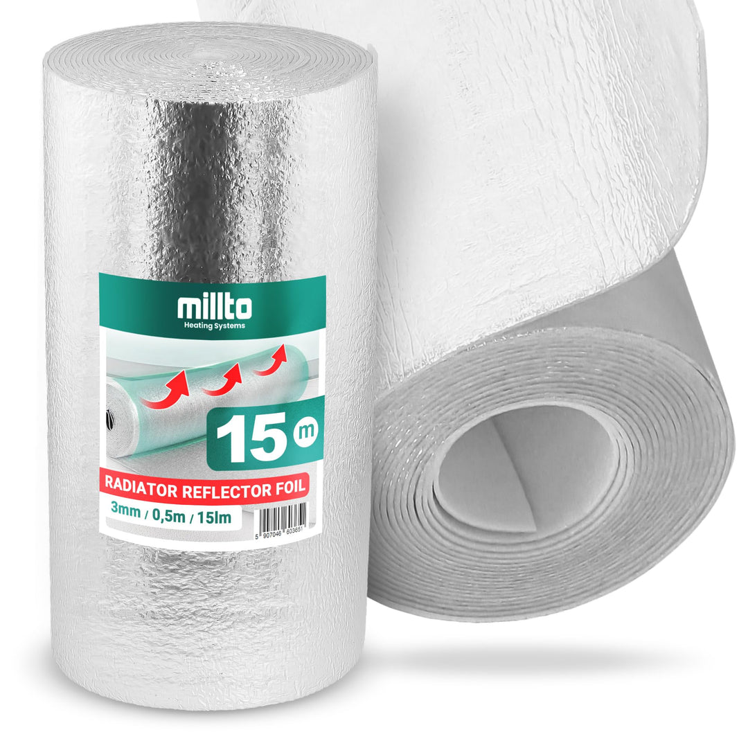 Millto™ Heizkörper Reflexionsfolie 15m x 0,5m x 3mm | Wandisolierung Reflexionsplatte Reflektionsfol