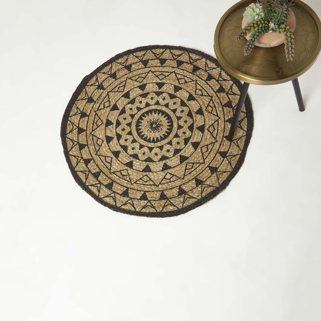 Homescapes Mandala Jute-Teppich Rund 70 cm, Schwarz-Natur, Geflochten, Geometrisch Gemustert 70 cm R
