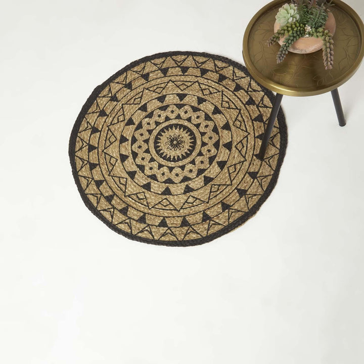 Homescapes Mandala Jute-Teppich Rund 70 cm, Schwarz-Natur, Geflochten, Geometrisch Gemustert 70 cm R