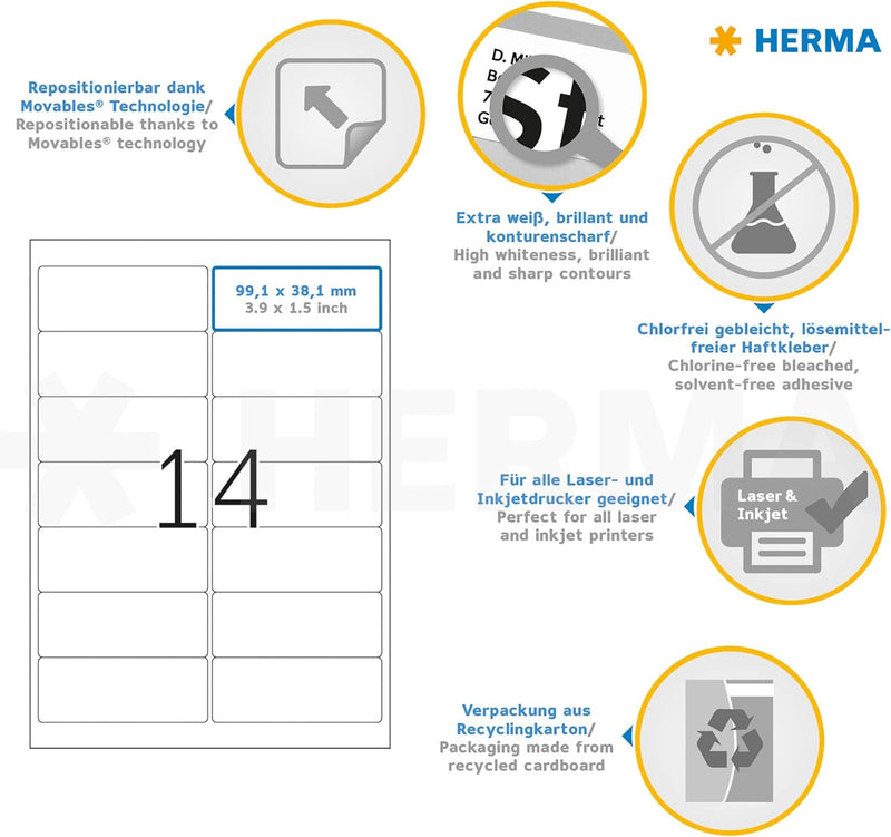 HERMA 10310 Universal Etiketten ablösbar, 100 Blatt, 99,1 x 38,1 mm, 14 Stück pro A4 Bogen, 1400 Auf