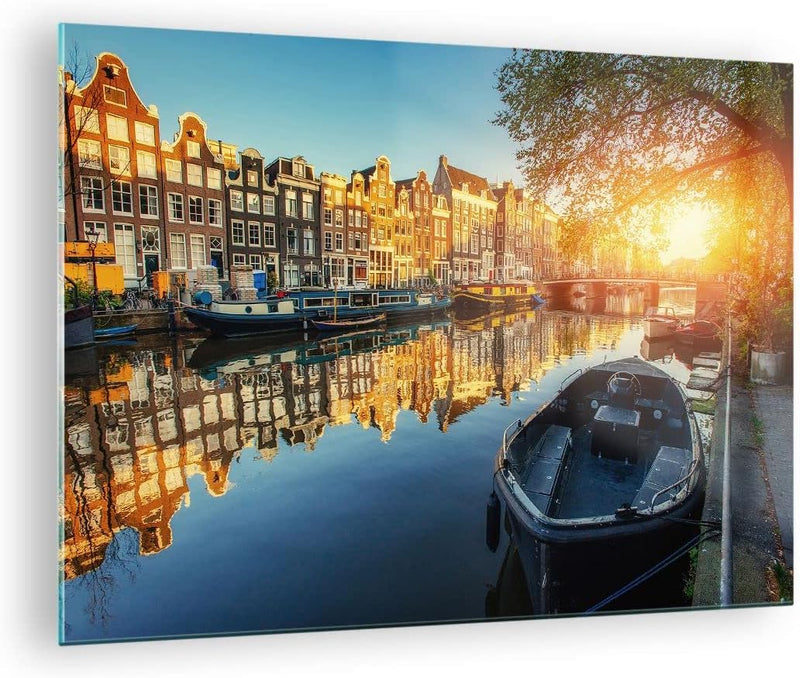 Bilder auf Glas Kanal Boot Amsterdam Wasser Glasbild 70x50cm Wandbilder Dekoration Wohnzimmer Schlaf