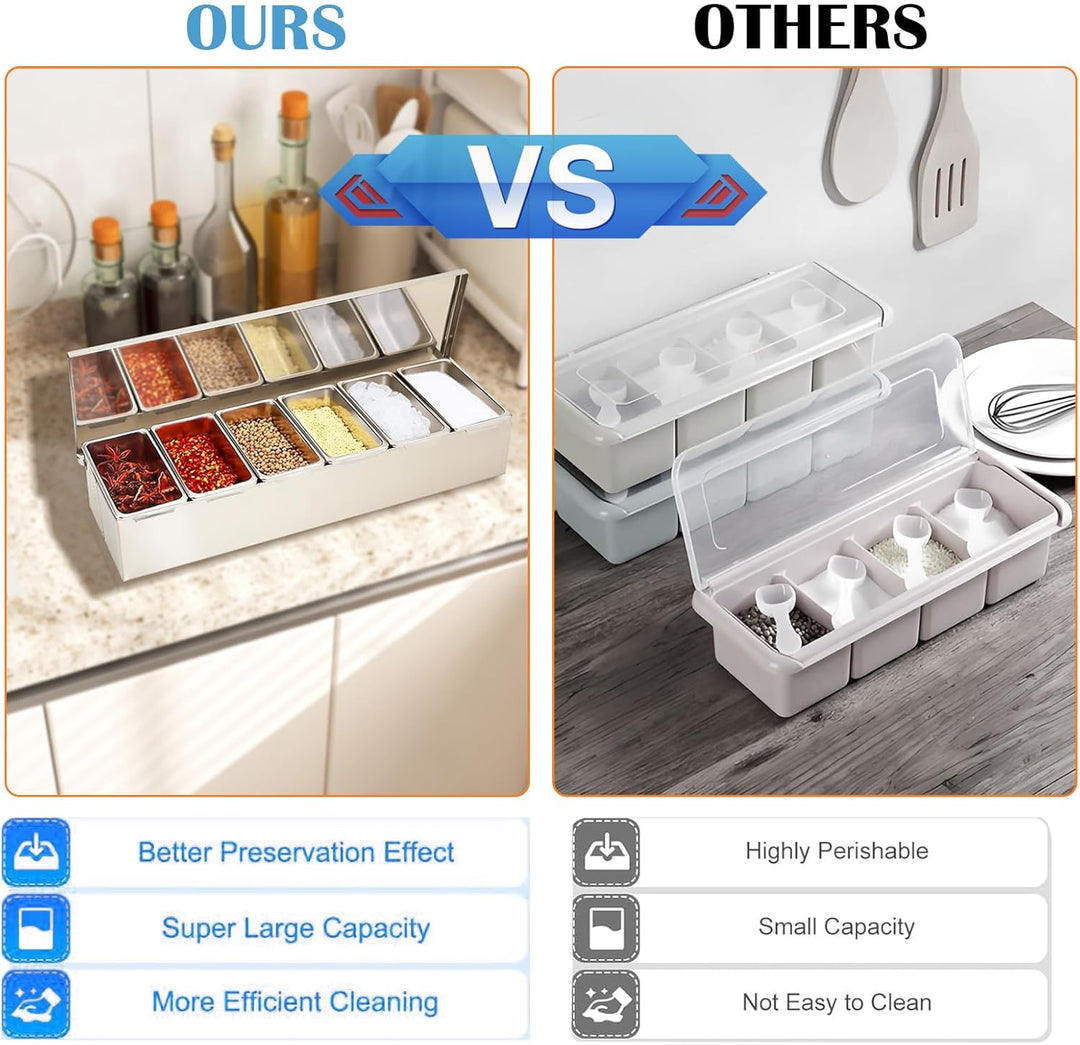 Zutatenbehälter Edelstahl Beilagenbehälter mit 6 Einsätzen und Deckel, Zutatenbox Gewürzboxen Gastro