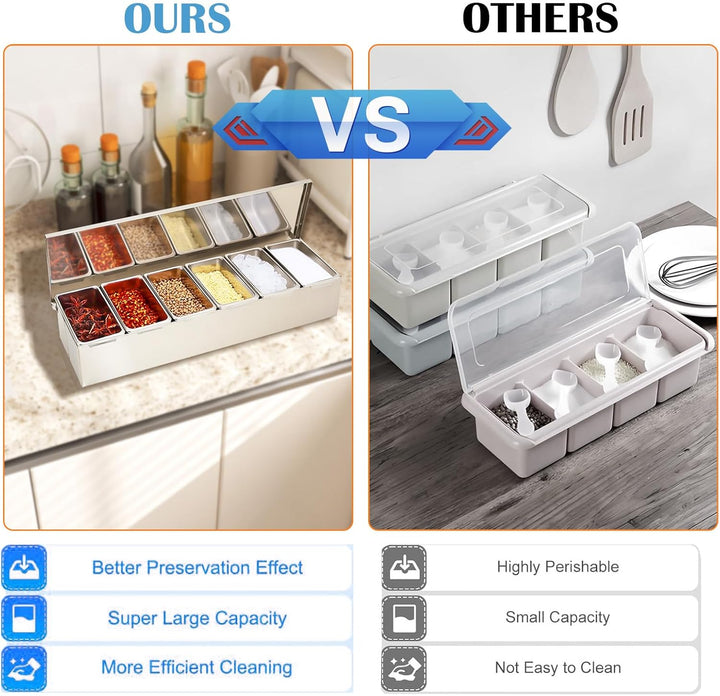 Zutatenbehälter Edelstahl Beilagenbehälter mit 6 Einsätzen und Deckel, Zutatenbox Gewürzboxen Gastro