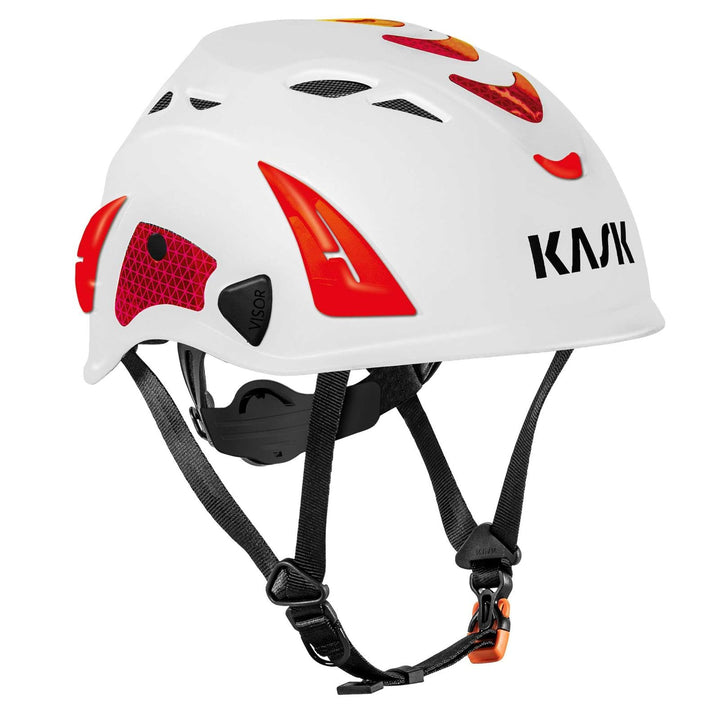 KASK Schutzhelm Superplasma AQ HI VIZ - Arbeitsschutzhelm, Drehrad, Reflexstreifen, EN 397 Weiss/Rot