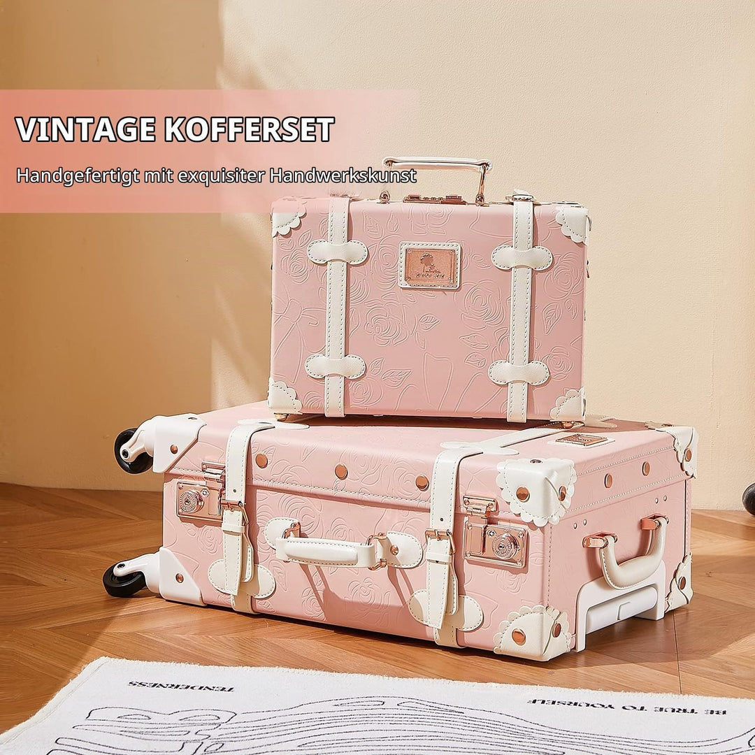 Unitravel Vintage Koffer Set 2 Teilig, Retro PU-Leder Handgepäck Koffer mit Kosmetikkoffer, Geprägte